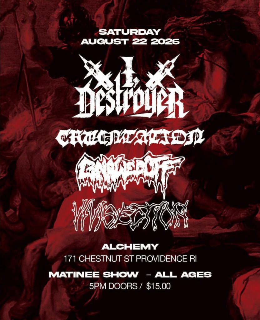 Concert flyer for metal bands L. Destroyer, Crucifixion, Cannibal Corpse, and Vivisection. Event details included.