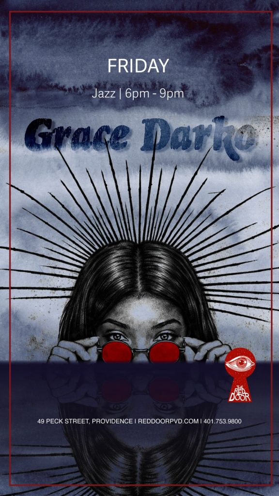 A woman with red sunglasses poses against a blue background, promoting a jazz event featuring Grace Darko.
