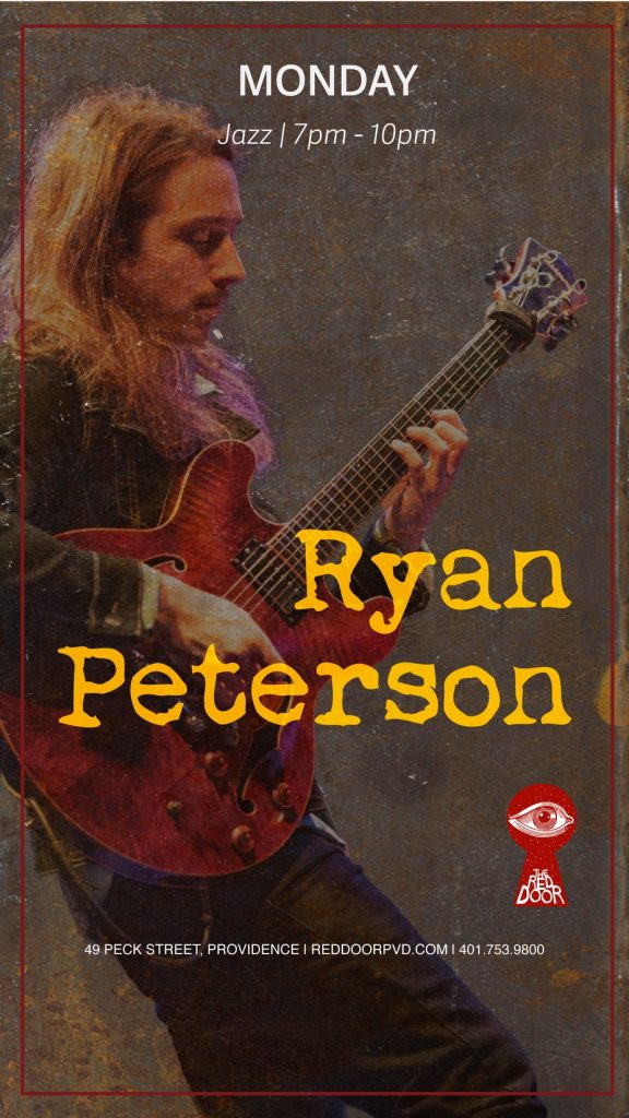 Musician plays guitar during a jazz performance at The Red Door. Event details included.