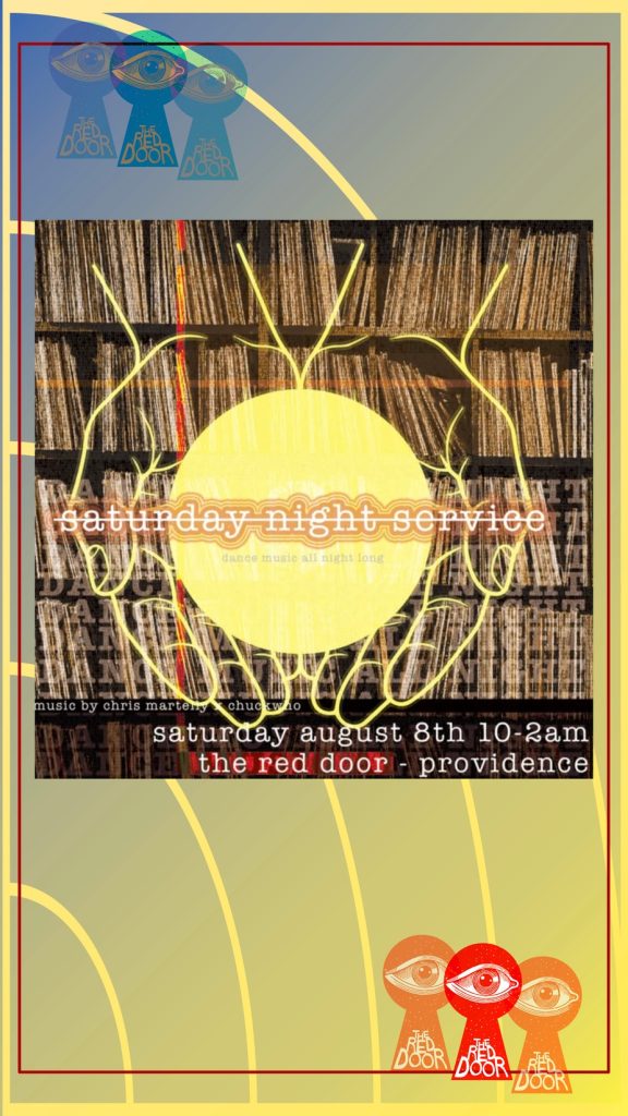 Event poster for "Saturday Night Service" at The Red Door, featuring music details and date.