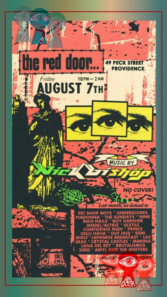 Event flyer for "The Red Door" featuring music by Nick Bishop, August 7th, 10 PM to 2 AM, Providence.