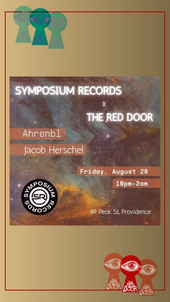 Event poster for Symposium Records featuring Ahrenbl and Jacob Herschel, August 28, 10 PM to 2 AM, Providence.