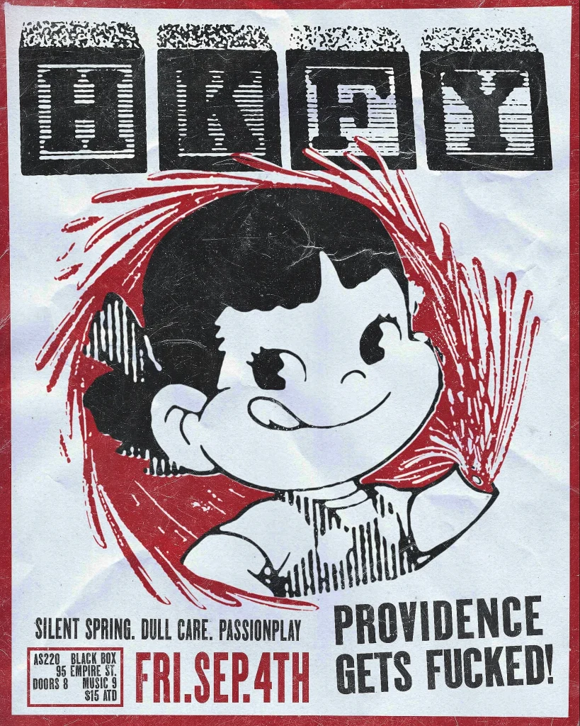 Promotional flyer featuring a smiling cartoon character with red accents, announcing a music event in Providence.