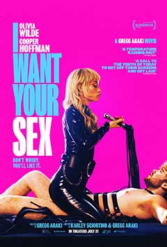 A woman in a provocative outfit dominates a man in a playful, suggestive scene.