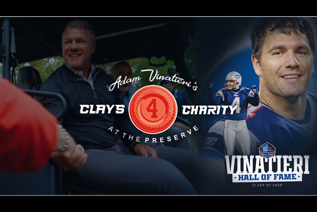 Adam Vinatieri smiles while greeting participants at the Clays 4 Charity event. Logo and Hall of Fame mention included.