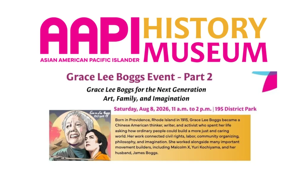 Event announcement for Grace Lee Boggs, highlighting her contributions to art, family, and imagination.