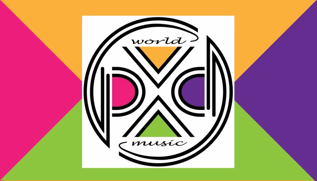 Colorful geometric shapes surround a central logo featuring "world music" text and stylized letters.