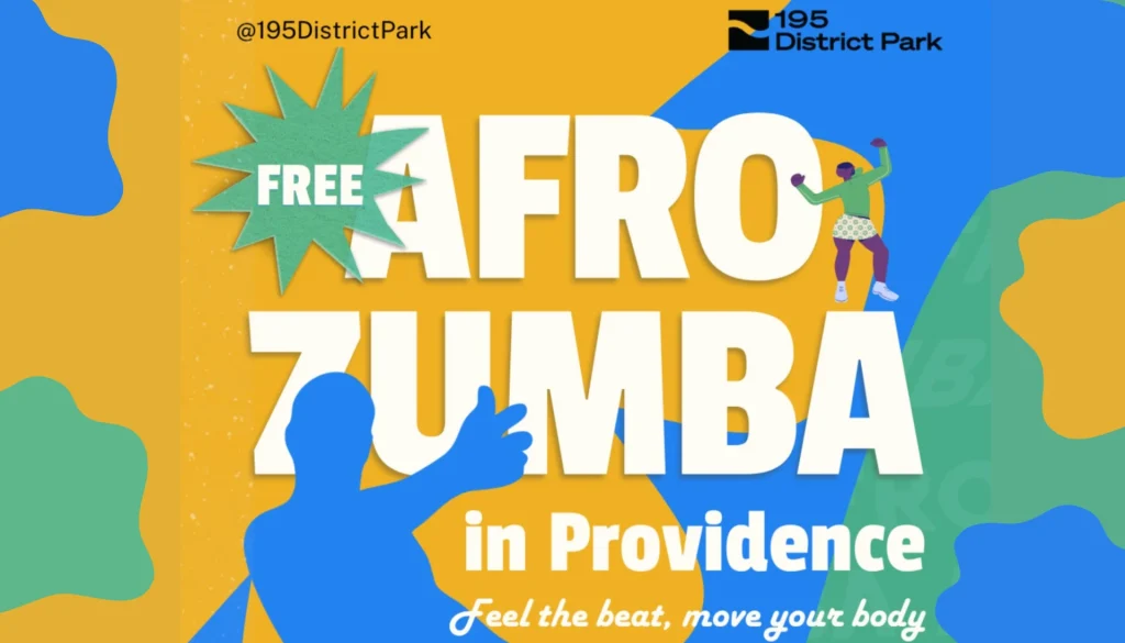 Promotional graphic for free Afro Zumba event in Providence, featuring vibrant colors and dancing figures.