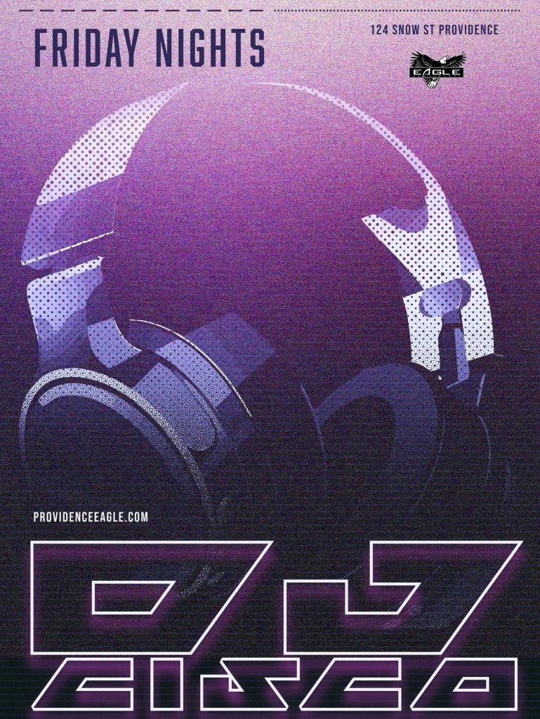 Promotional poster for DJ Cisco, featuring a graphic of headphones and event details for Friday nights.