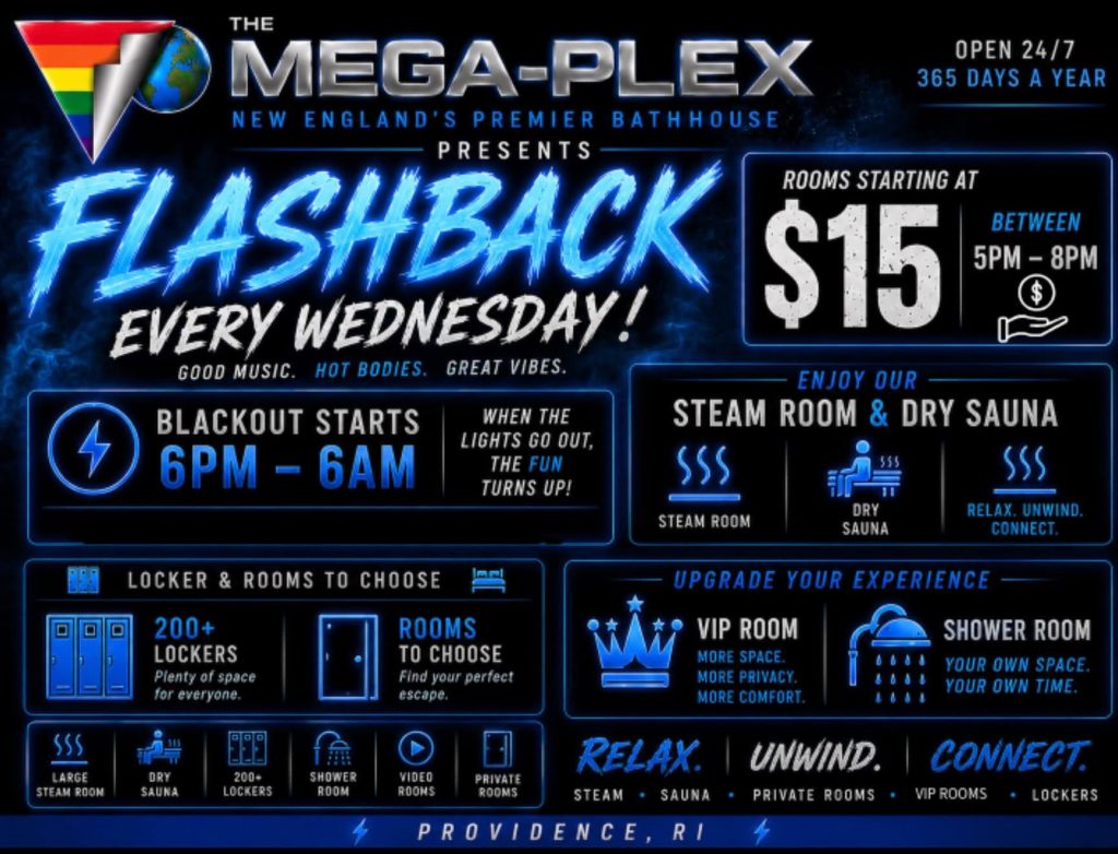 Promotional flyer for a bathhouse event featuring room rates, amenities, and blackout hours.