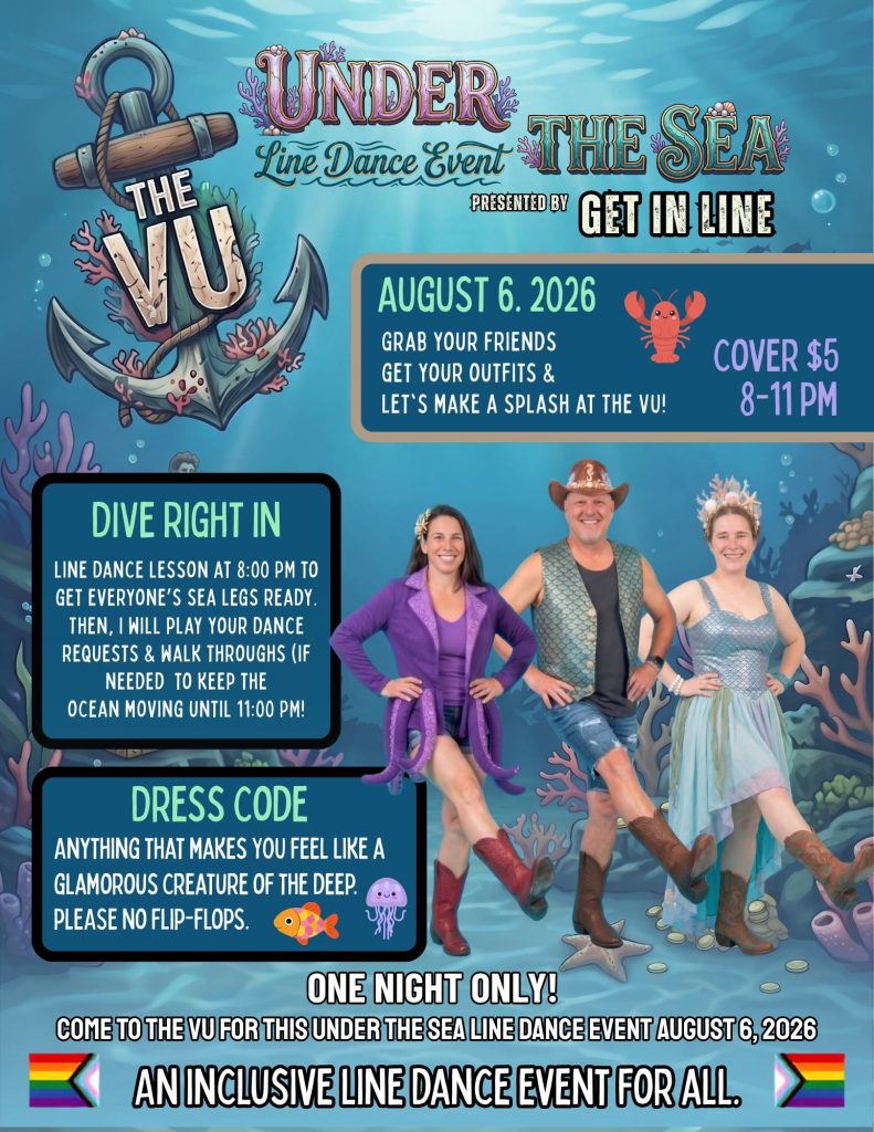 Promotional poster for an Under the Sea line dance event featuring colorful graphics, date, and dress code details.