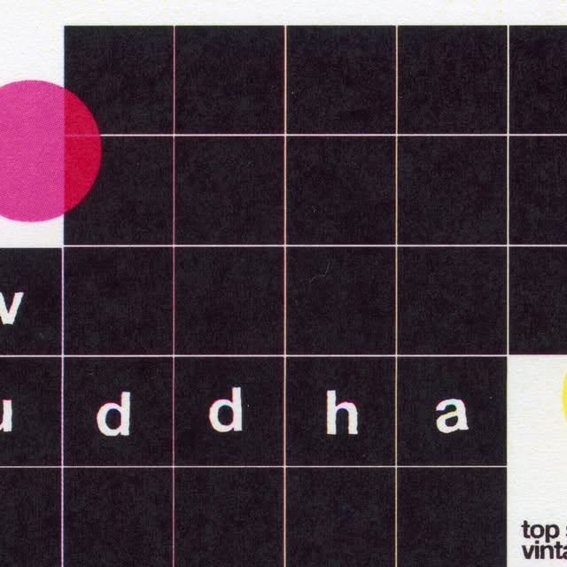 Colorful geometric shapes and letters form a grid, featuring the word "Buddha" in white text.