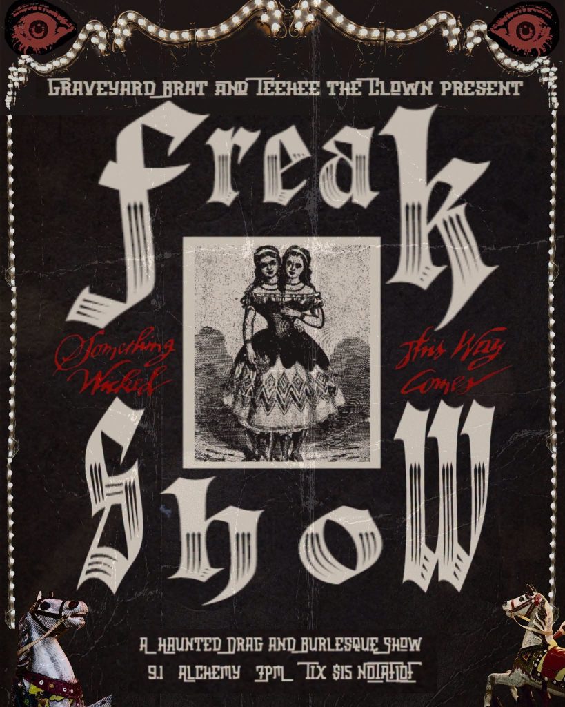 Promotional poster for a haunted drag and burlesque show featuring twin performers. Event details included.