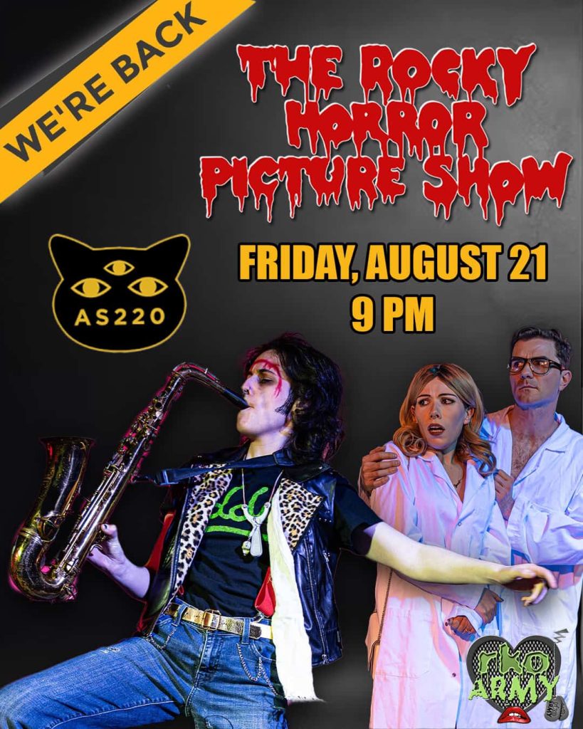A saxophonist in a leather vest performs, while two characters in lab coats react dramatically. Event details included.