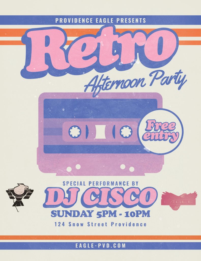 Retro party flyer featuring a cassette tape, DJ Cisco, and event details for Sunday at 124 Snow Street, Providence.