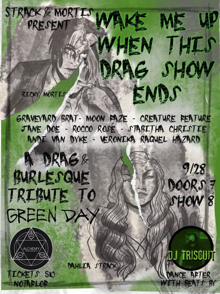 Promotional poster for a drag and burlesque show tribute to Green Day, featuring performers and event details.