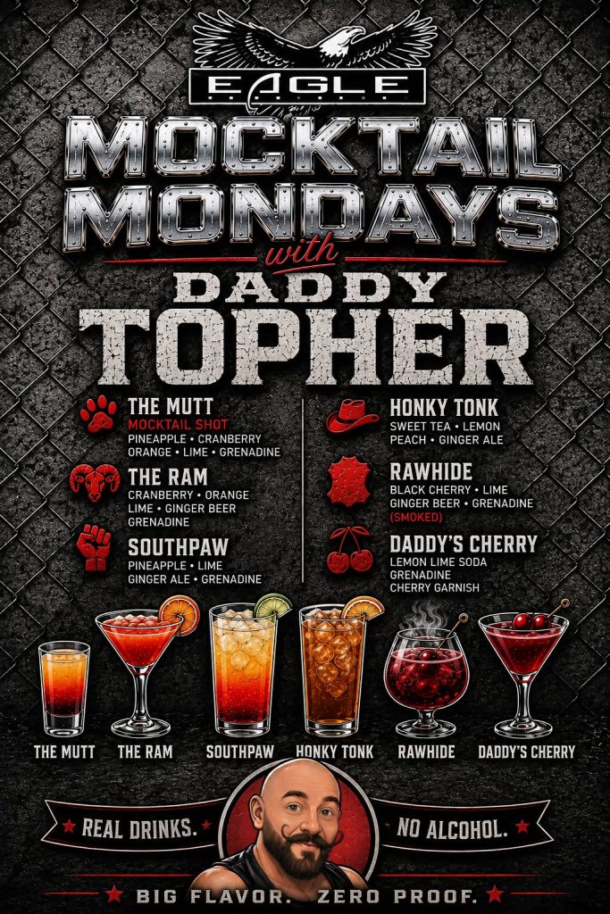 Menu for "Mocktail Mondays" featuring various non-alcoholic drinks and a host, Daddy Topher.