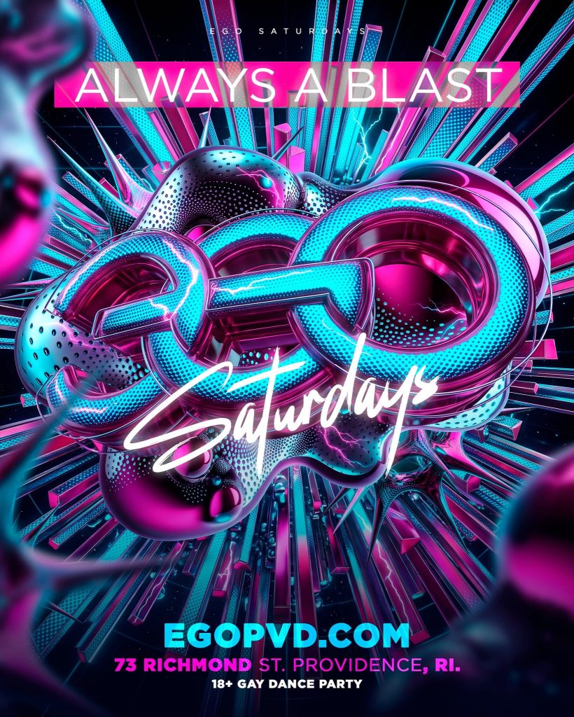 Colorful graphic promoting "Ego Saturdays," an 18+ gay dance party in Providence, RI. Features vibrant text and abstract shapes.