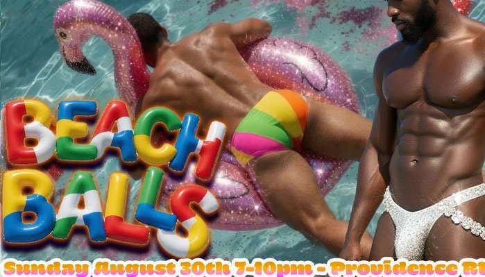 Two men at a beach party, one on a flamingo float, colorful text promotes "Beach Balls" event in Providence.