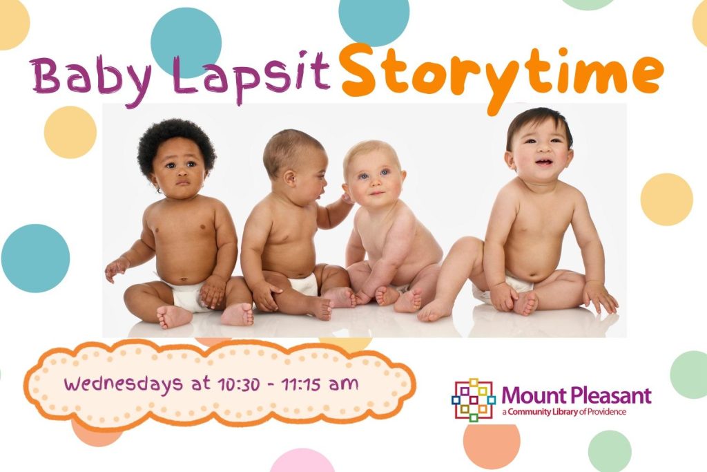 Four babies sit together, smiling and interacting, with colorful polka dots in the background. Event details included.