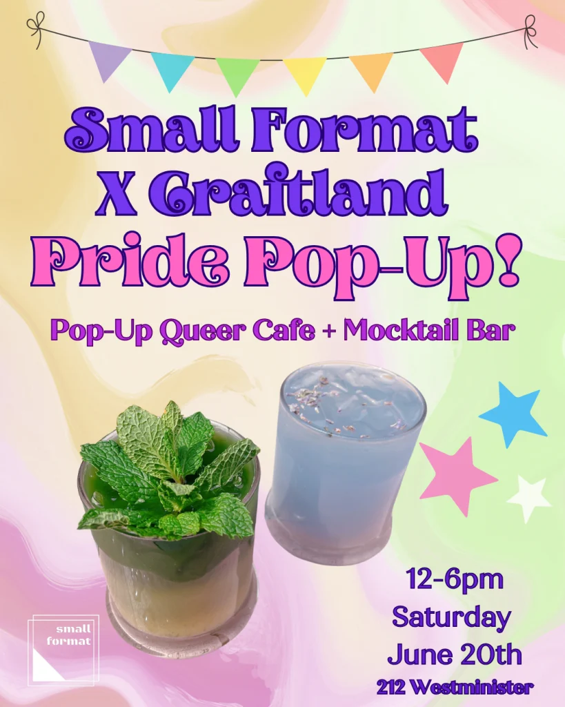 Two colorful mocktails with mint garnish on a pastel background, promoting a Pride pop-up event.
