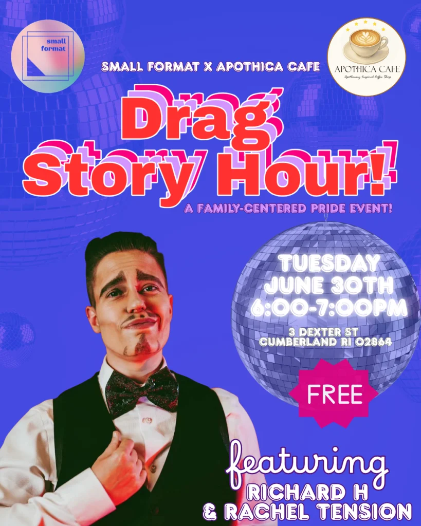 A performer in a bow tie poses confidently, promoting a family-centered Drag Story Hour event.