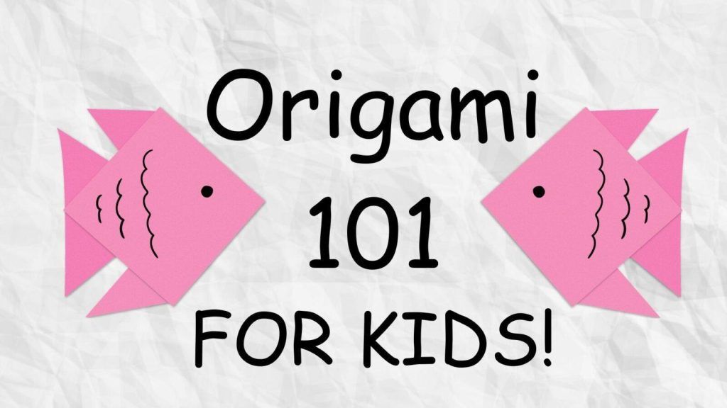 Pink origami fish with text "Origami 101 FOR KIDS!" on a textured white background.