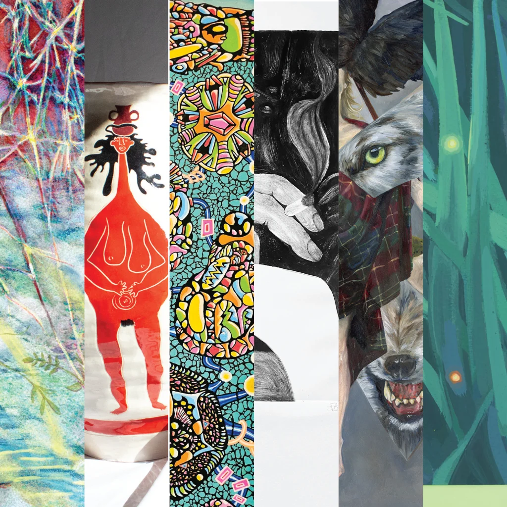 A collage of diverse artworks featuring abstract patterns, figures, and animal imagery.