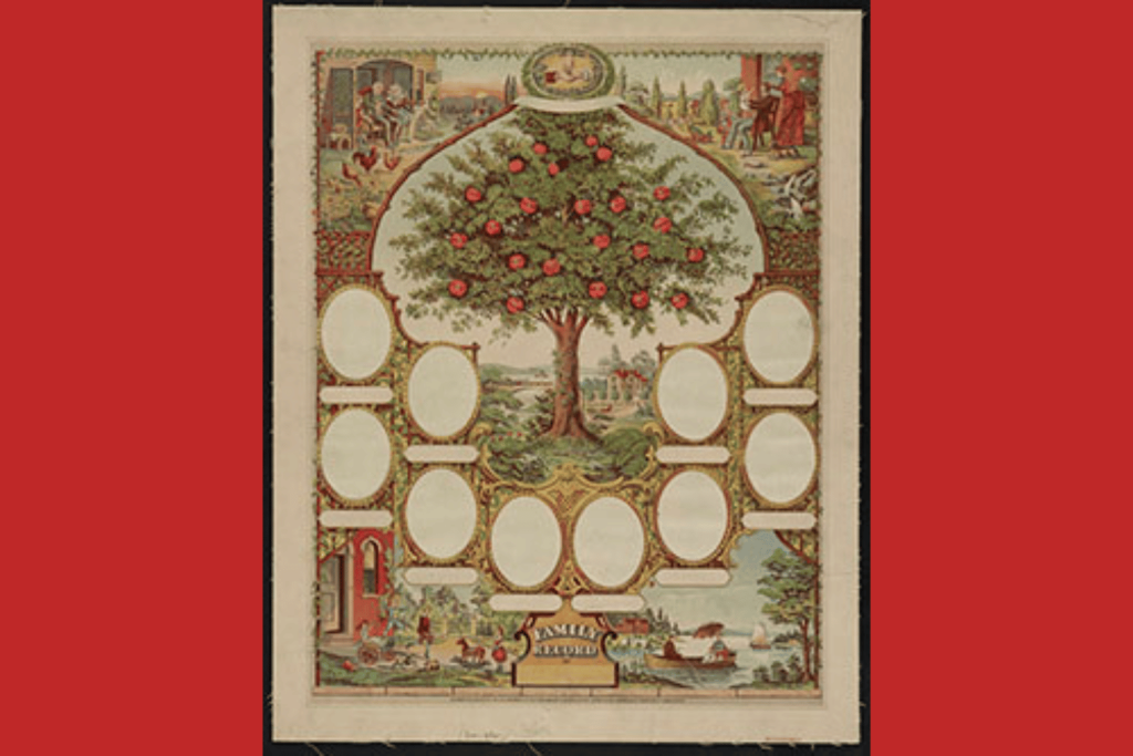 Decorative family tree chart with empty spaces for names, surrounded by illustrated scenes of family life.