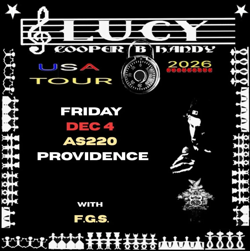 Concert poster for Lucy Cooper B Handy's USA tour, featuring event details for December 4 at AS220, Providence.
