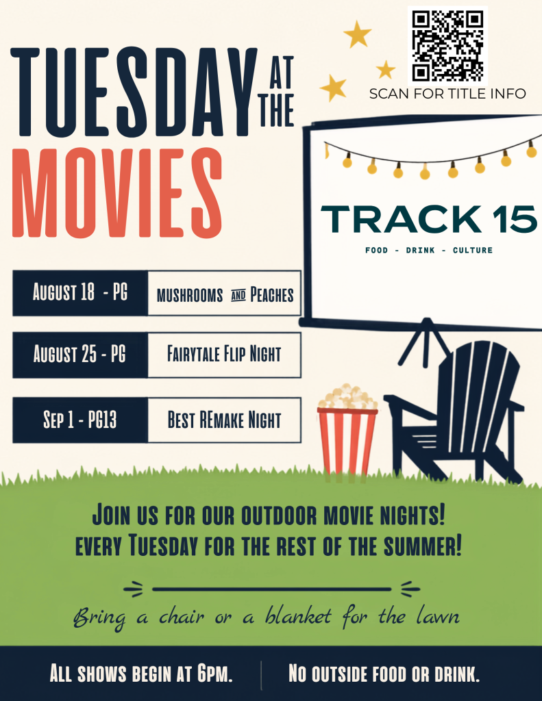 Outdoor movie night schedule with dates, titles, and reminders to bring chairs or blankets. No outside food or drink.