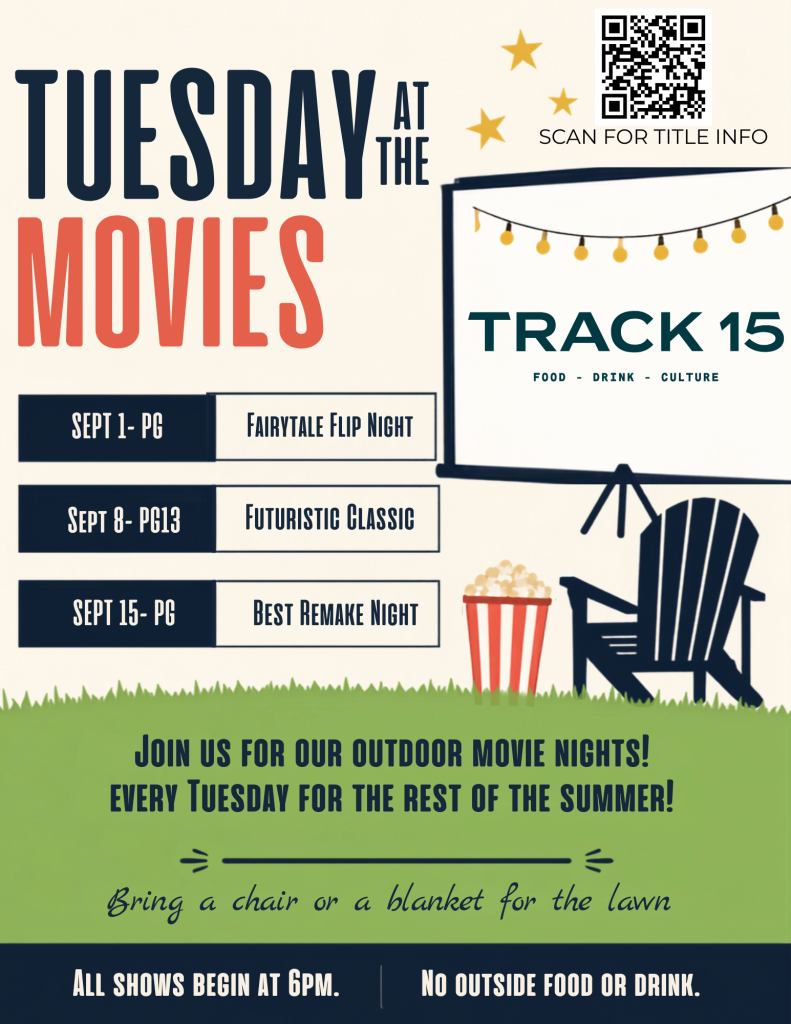Outdoor movie night schedule with themes for September. Bring a chair or blanket. No outside food or drink.