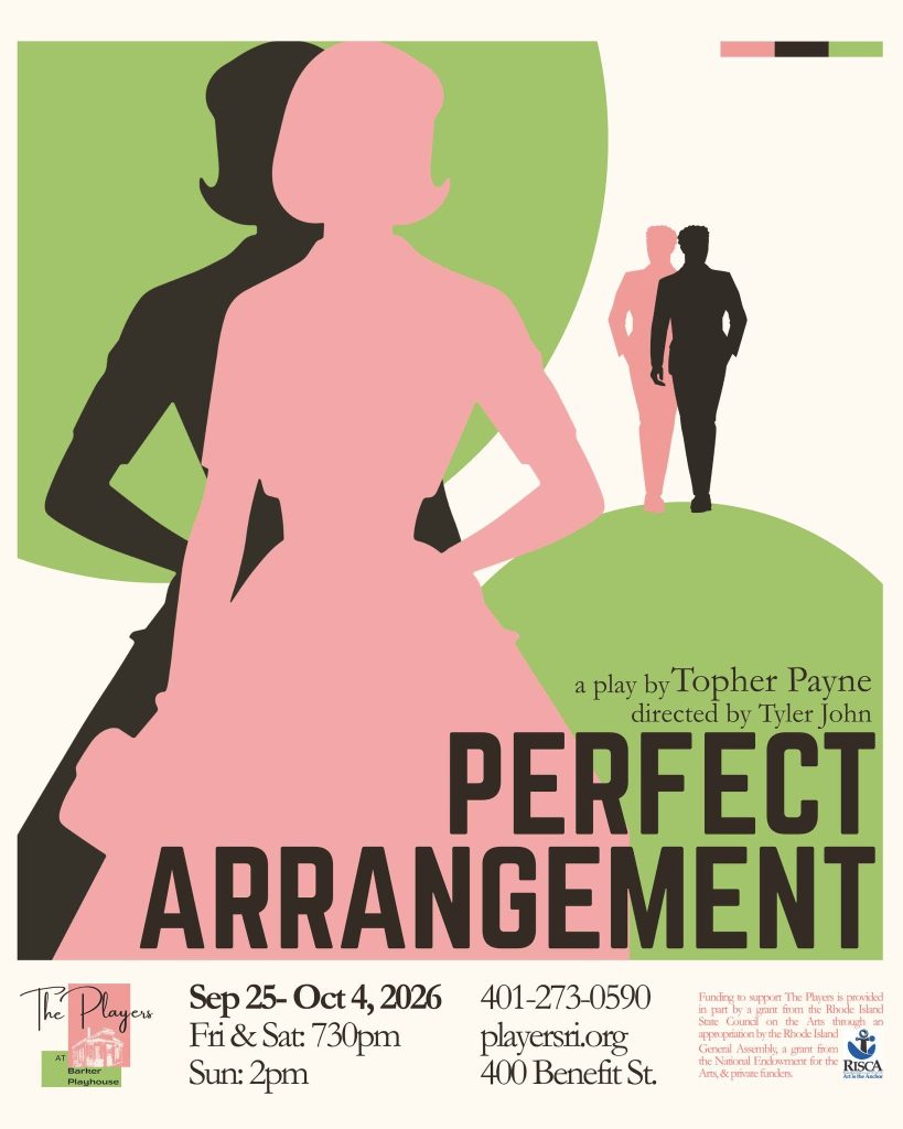 Silhouettes of a man and woman against a colorful background, promoting the play "Perfect Arrangement.