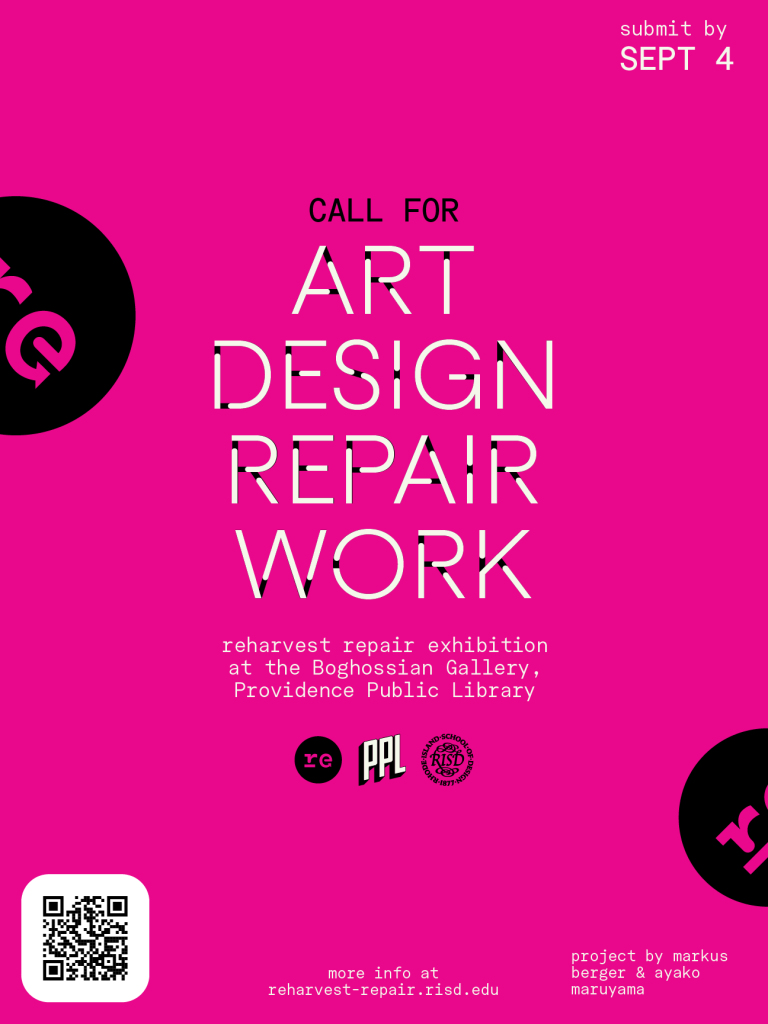 Pink poster announcing a call for art and design repair work for a Providence Public Library exhibition.