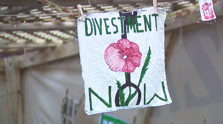 A handmade sign reads "DIVESTMENT NOW" with a pink flower and green leaves.