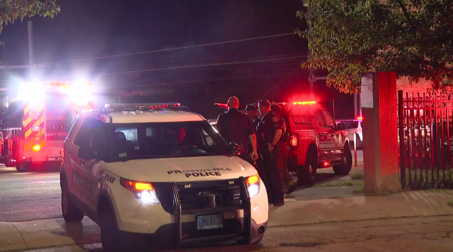 Police officers gather near emergency vehicles at night, with flashing lights illuminating the scene.