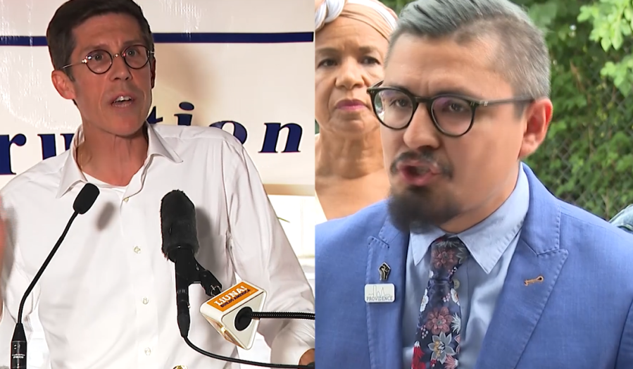Two men speak at events, one gesturing passionately, the other addressing a crowd with a serious expression.