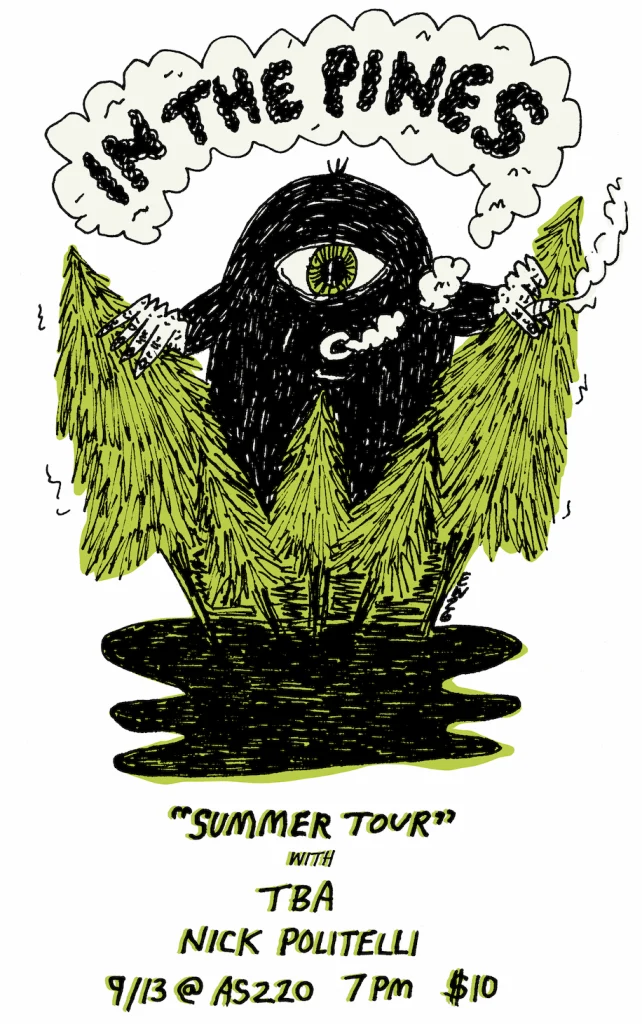A cartoon creature holds pine trees above a dark pond, promoting a summer tour with Nick Politelli.