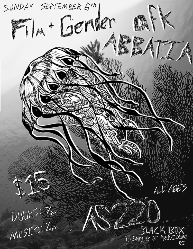 Event flyer featuring a jellyfish illustration, details for a film and gender event on September 6th at AS220.
