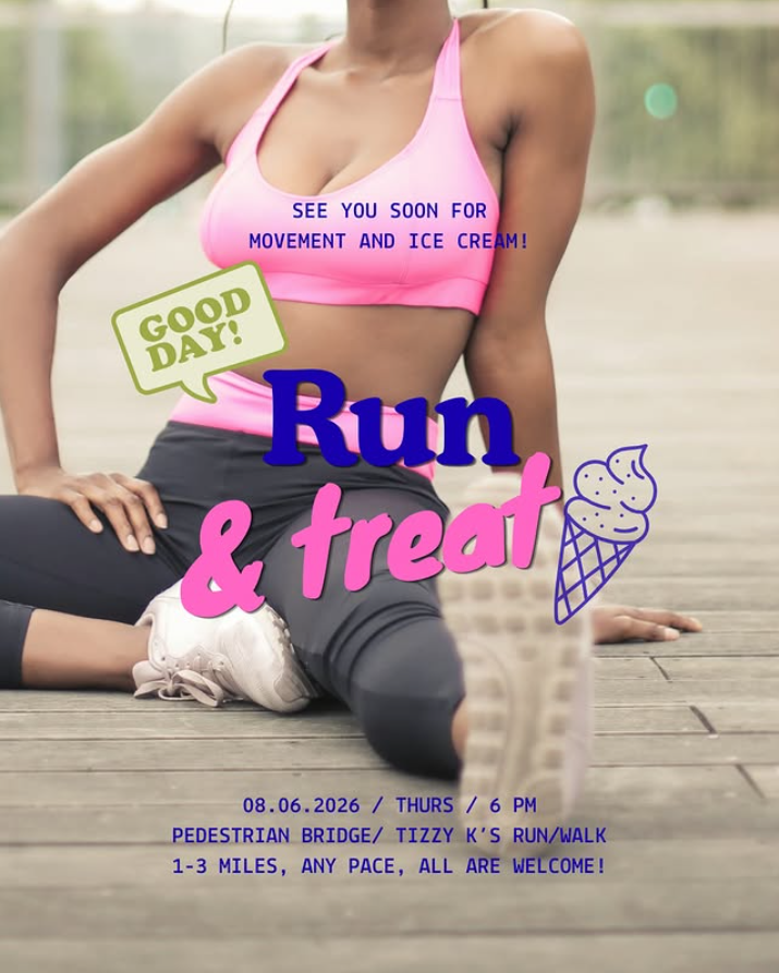 A person in athletic wear sits on a wooden surface, promoting a run and ice cream event.