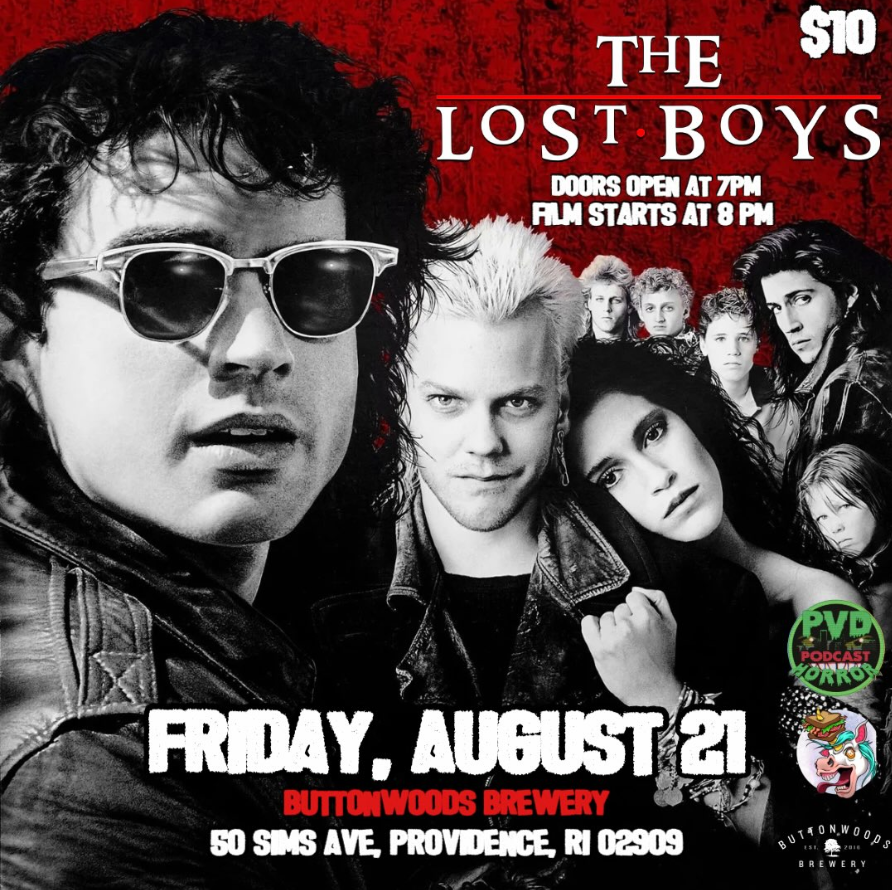 Promotional poster for "The Lost Boys" film screening at Buttonwoods Brewery on August 21. Features main characters.