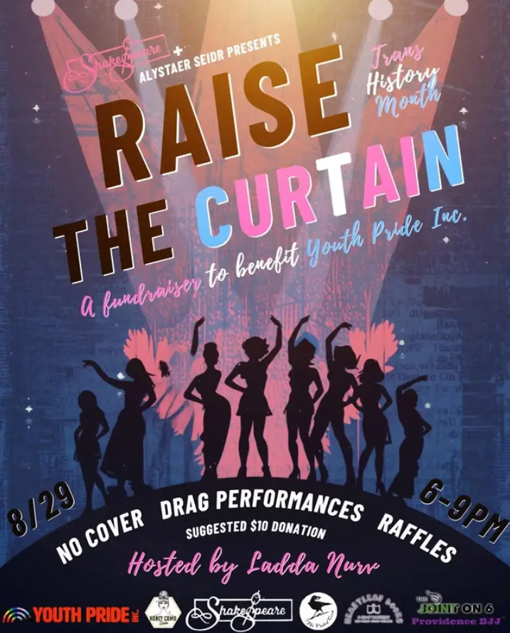 Event poster for "Raise the Curtain," a drag fundraiser for Youth Pride Inc., hosted by Ladda Nurr.