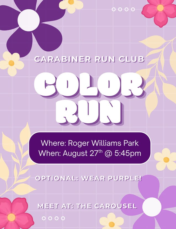 Event flyer for a Color Run at Roger Williams Park on August 27th at 5:45 PM. Optional to wear purple.