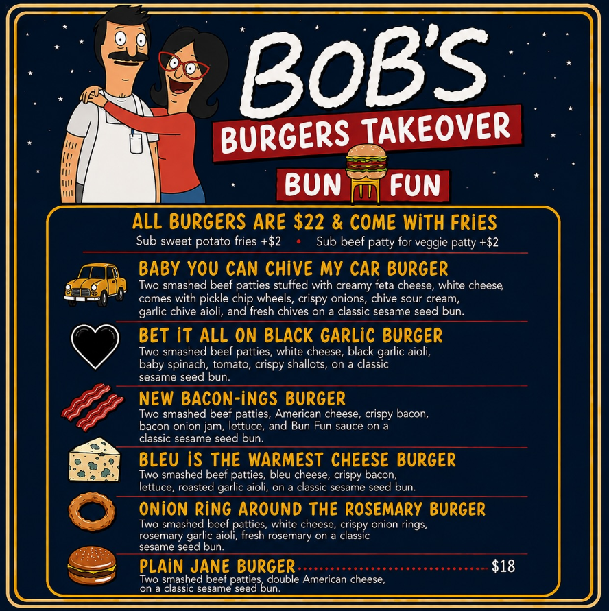 Menu for Bob's Burgers Takeover features various burger options and prices, with two characters embracing.
