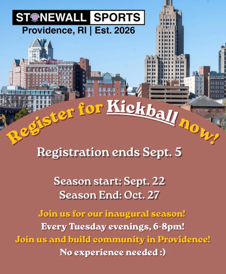 Promotional poster for Stonewall Sports kickball registration in Providence, RI. Dates and details included.