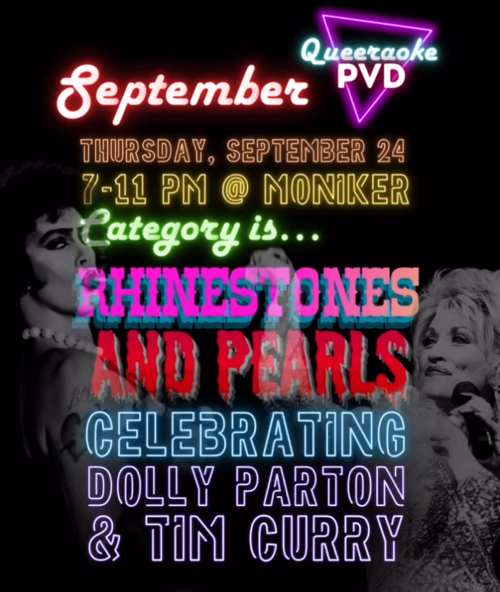 Event flyer for Queeraoke PVD on September 24, celebrating Dolly Parton and Tim Curry with a rhinestones and pearls theme.