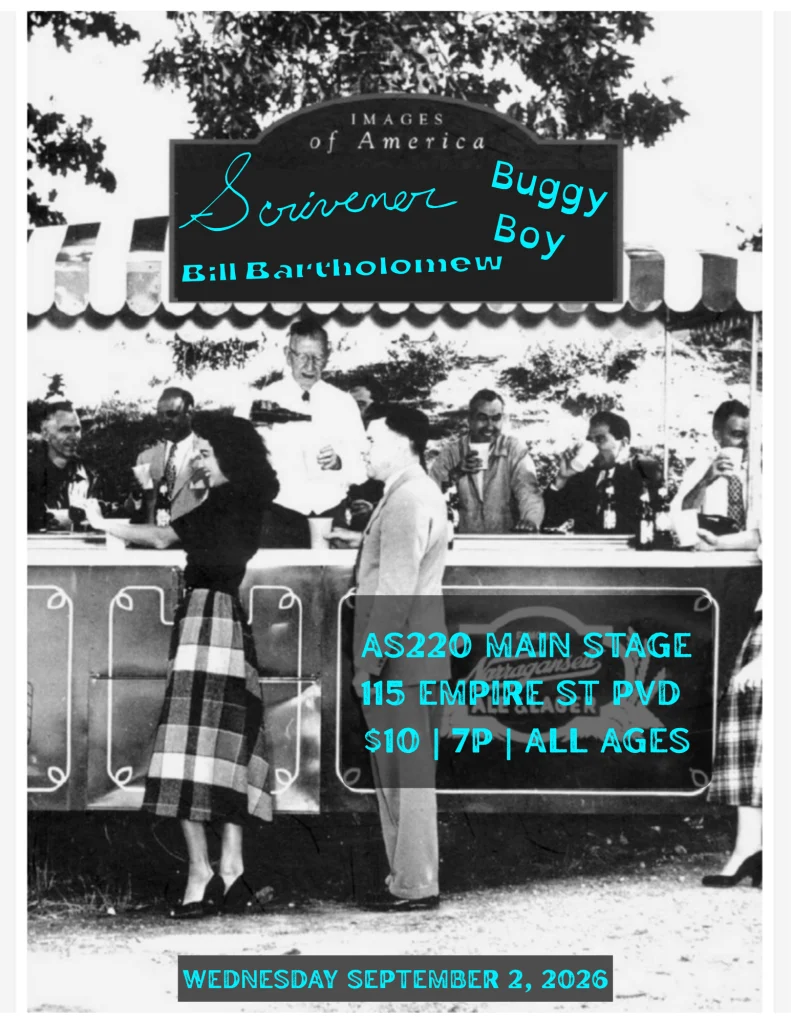 A group of people socializes at a food stand, with a sign for "Scrivener" and "Buggy Boy." Event details included.