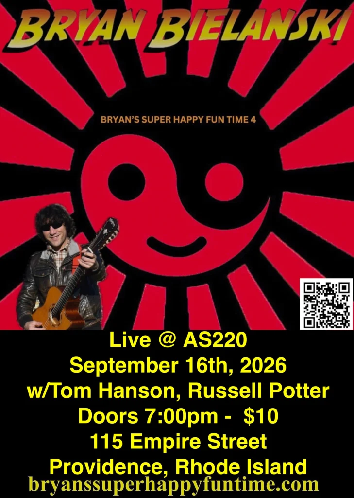 Bryan Bielanski holds a guitar, promoting a live event on September 16, 2026, at AS220 in Providence, Rhode Island.