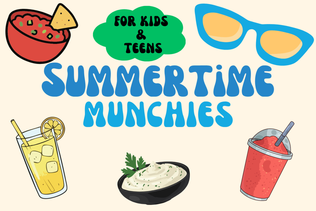 Colorful graphic featuring snacks and drinks for kids and teens, including salsa, lemonade, dip, and slushie.