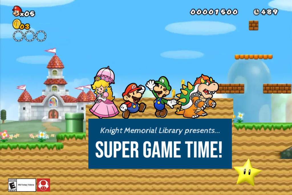 Mario, Luigi, Princess Peach, and Bowser stand on a platform in a colorful game world. Text promotes "Super Game Time!